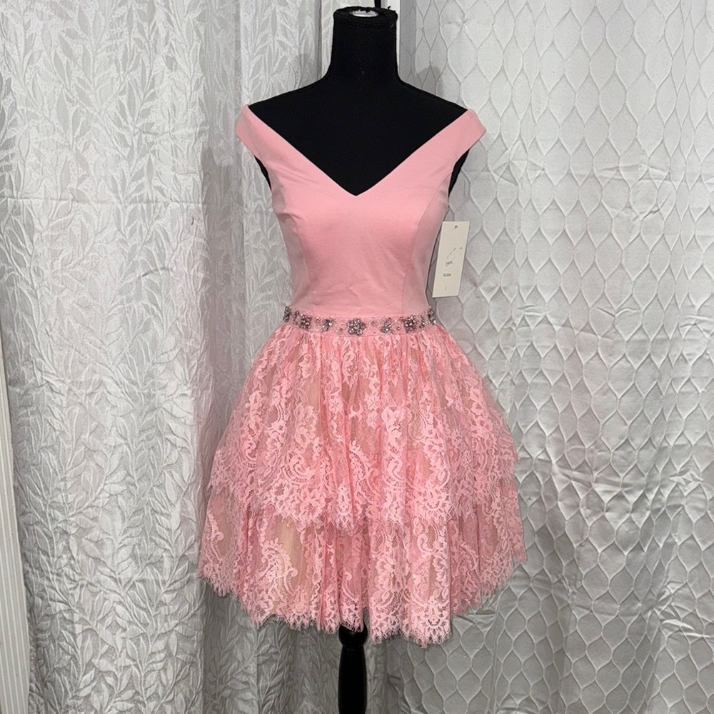 blush pink of the sholder lace skirt sherri hill dress size 2 fit and flair NWT